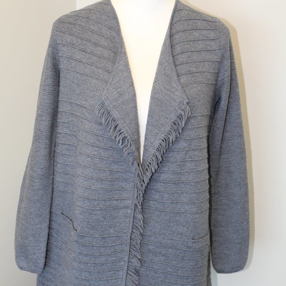 (NWT) Talbots Merino Wool Petite Grey Fringe Open Cardigan Sweater Long Tunic - Picture 4 of 15